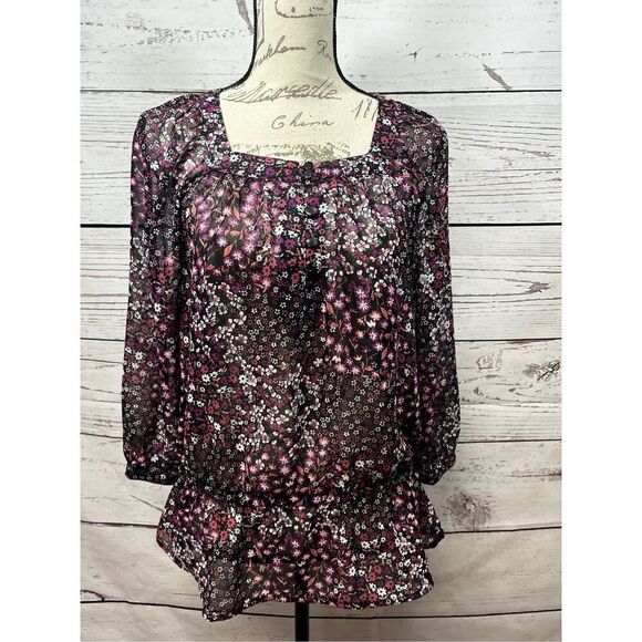 Apt 9 small black sheer blouse with pink and white‎ flowers - Alison - Picture 1 of 4